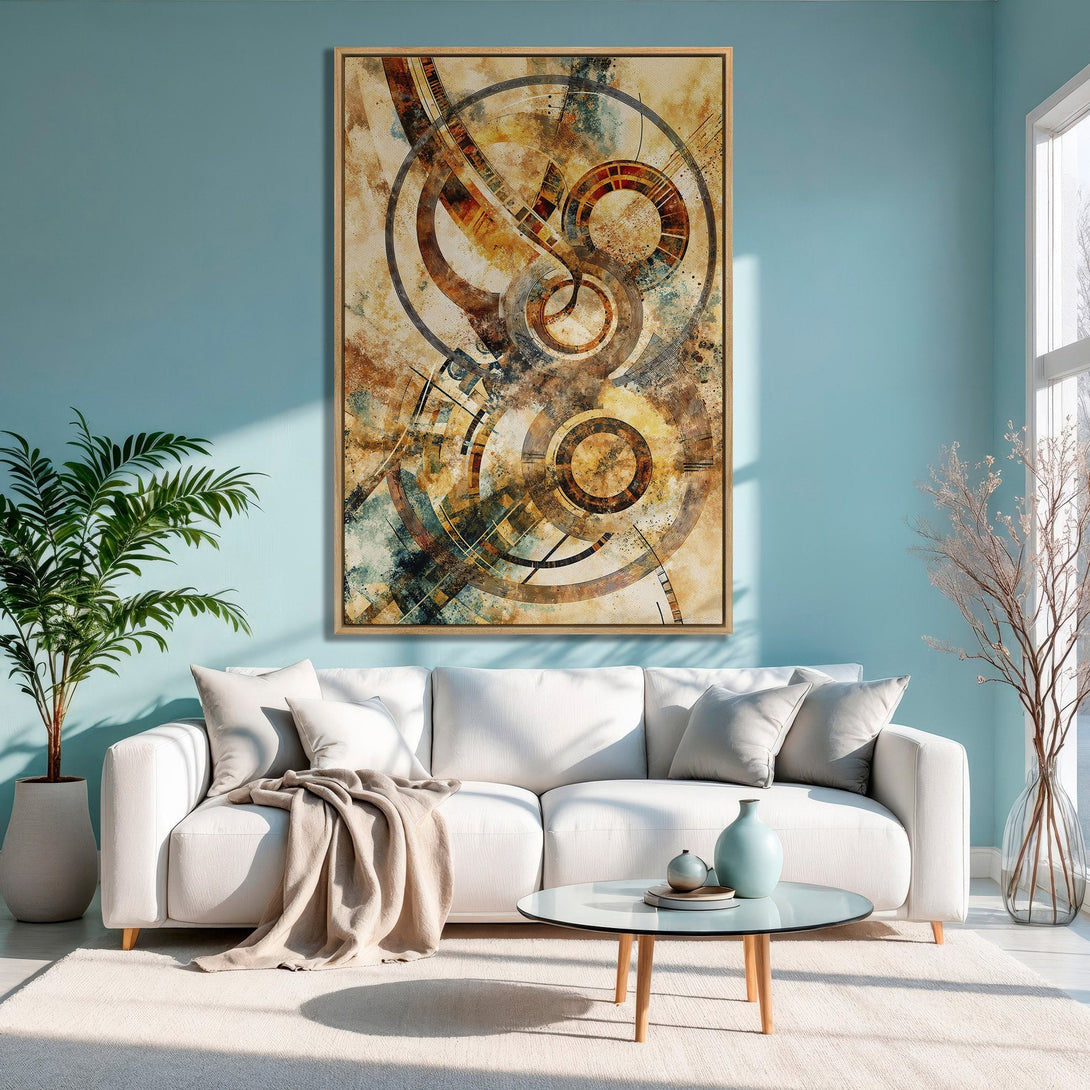 Framed Wall Art: Abstract geometric design in warm earth tones. Adds a touch of modern art to any living room decor. Shop now!