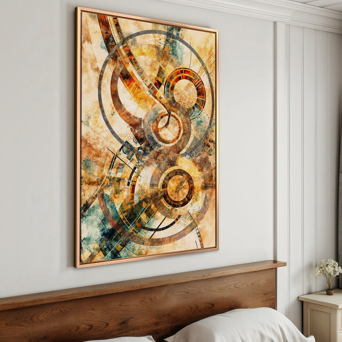Framed Wall Art featuring abstract geometric design in warm earth tones. Perfect for adding a touch of modern art to your bedroom decor. Shop now!