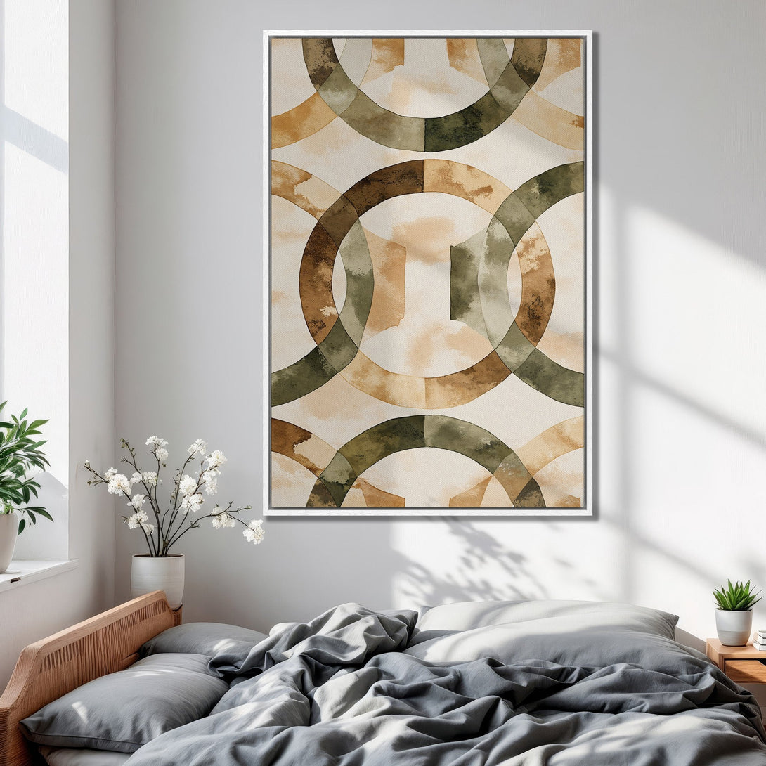 Framed Wall Art: Abstract watercolor circles in neutral tones. Earthy palette Canvas Print perfect for bedroom decor.