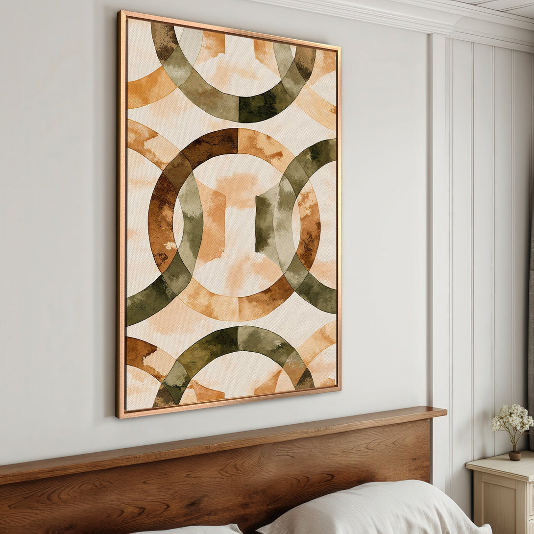 Framed Wall Art featuring abstract watercolor circles in warm earth tones. Perfect for adding a touch of modern art to your bedroom decor.