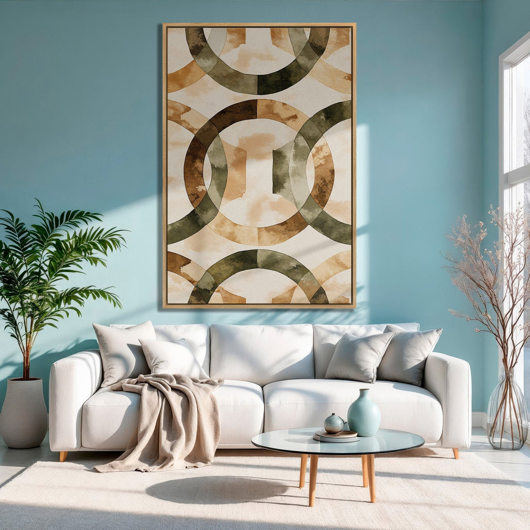Framed Wall Art featuring an abstract geometric design in earthy tones. Modern art print adds a touch of elegance to any space.