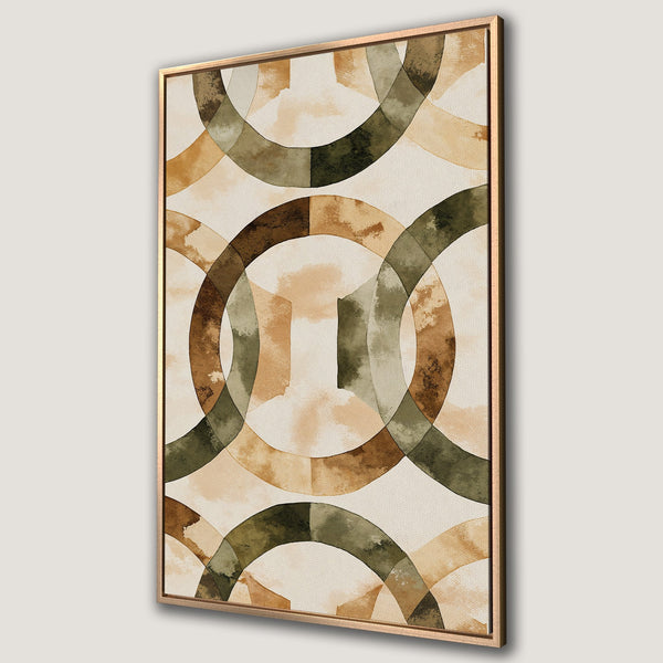 Framed Wall Art featuring abstract watercolor circles in earthy tones. Modern Canvas Print with a warm, neutral color palette perfect for any interior.