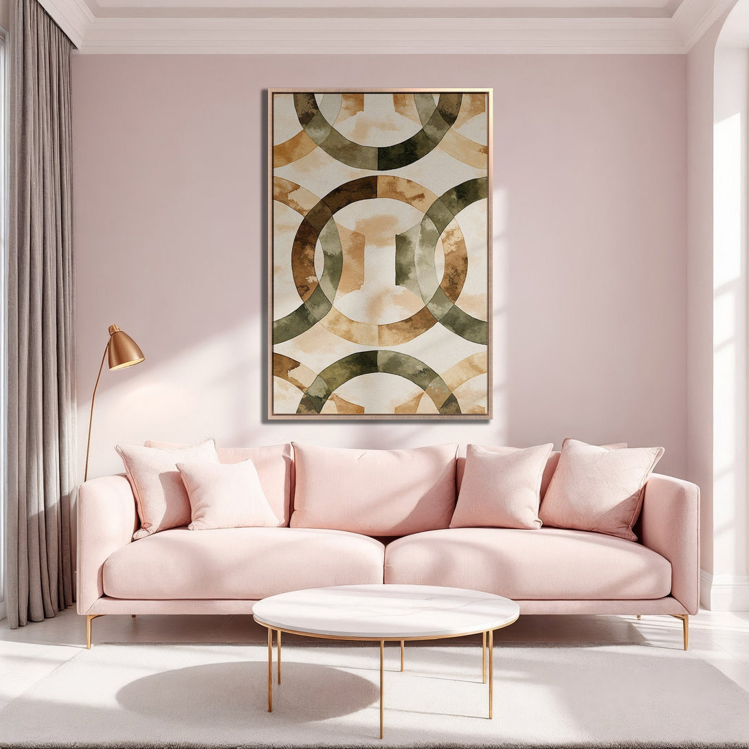 Framed Wall Art featuring an abstract watercolor design in warm neutral tones. Adds a touch of elegance to any space, shown in a modern living room with blush accents.