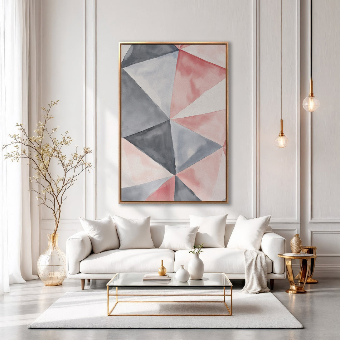Framed Wall Art: Geometric abstract art in blush pink, gray, and white. Modern canvas print adds a touch of elegance to any living room.