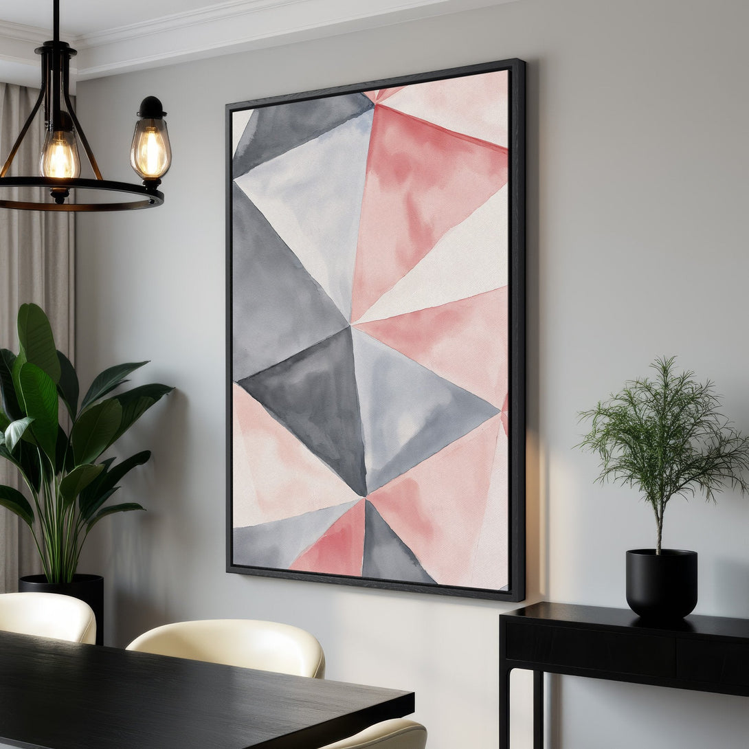 Framed Wall Art: Modern geometric abstract in watercolor style. Features pink, gray, and white color palette. Perfect for adding a touch of elegance to your home decor.