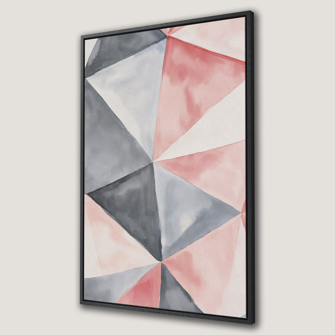 Framed Wall Art featuring an abstract geometric design in watercolor style. Soft pink, gray, and white color palette. Perfect modern home decor.