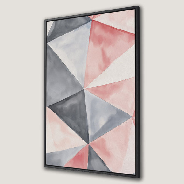Framed Wall Art featuring an abstract geometric design in watercolor style. Soft pink, gray, and white color palette. Perfect modern home decor.