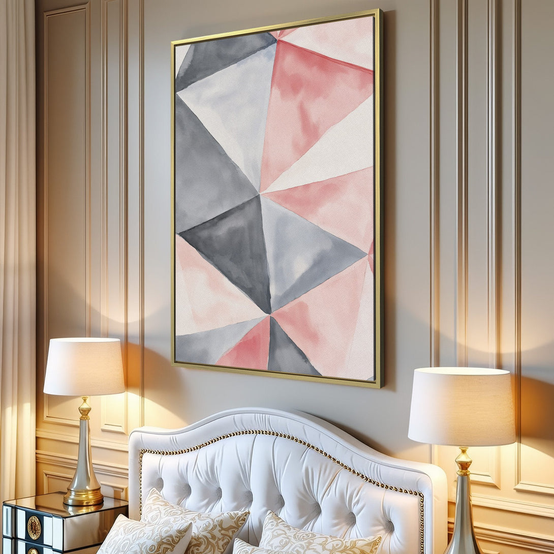 Canvas Print featuring a geometric watercolor design in blush pink, gray, and white. Modern art for your home decor.