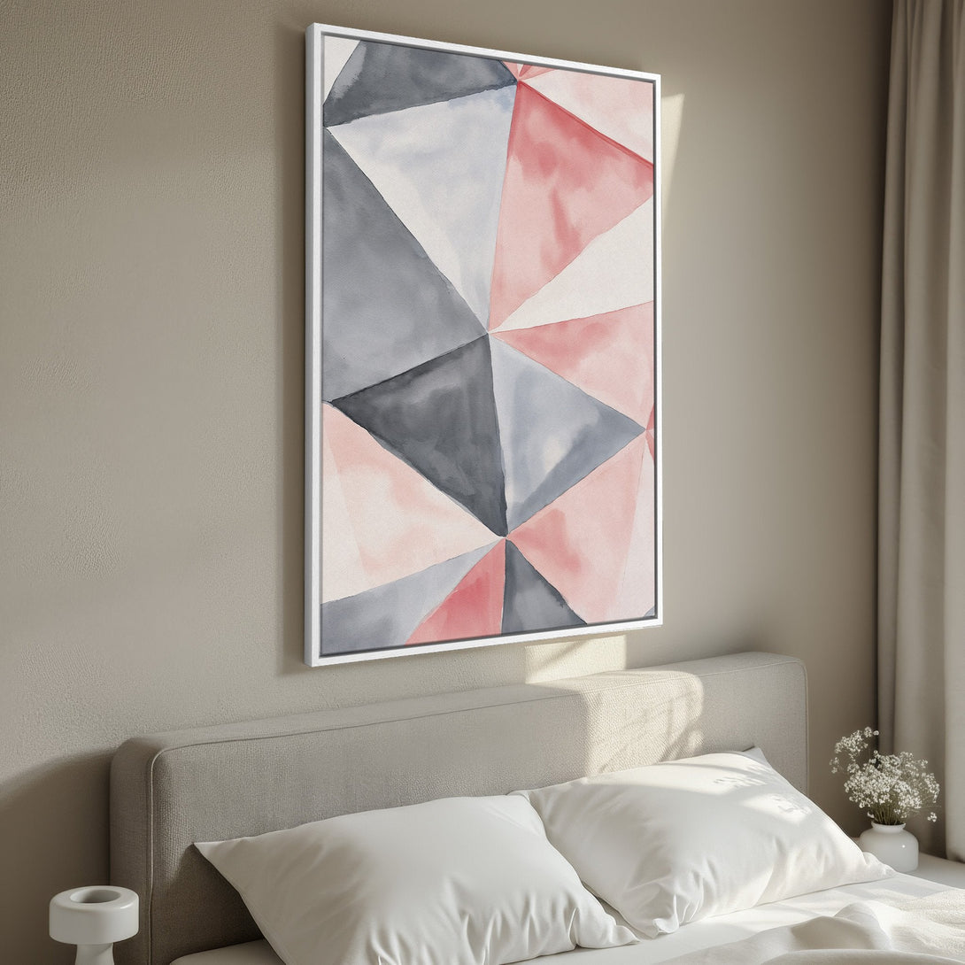 Framed Wall Art: Abstract geometric watercolor print in blush pink, gray, and white. Modern art for bedroom decor.