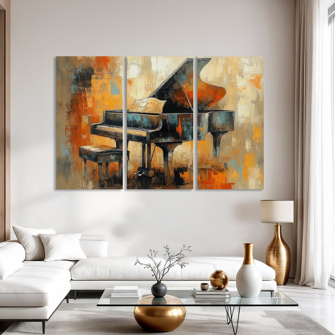Abstract Canvas Print of a piano in warm orange and blue tones. Modern art for your living room.