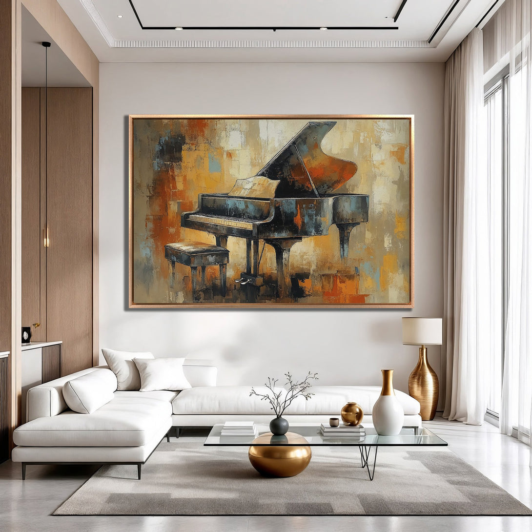 Framed Wall Art: Abstract piano painting in warm orange, blue, and brown tones. Modern decor inspiration for living rooms.