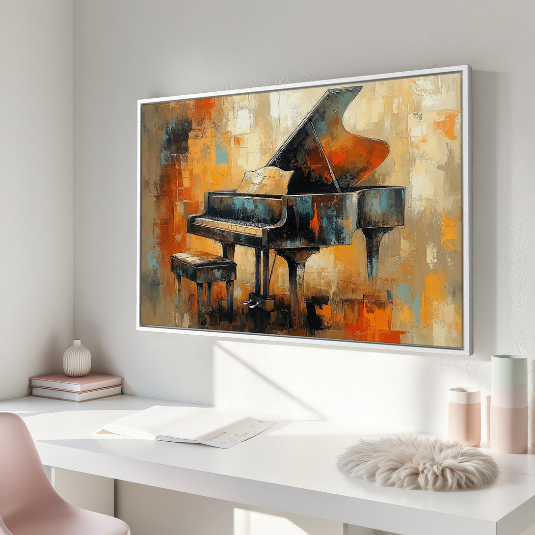 Framed Wall Art: Abstract piano painting with warm orange, blue, and beige tones. Perfect for adding a touch of musical artistry to your space.