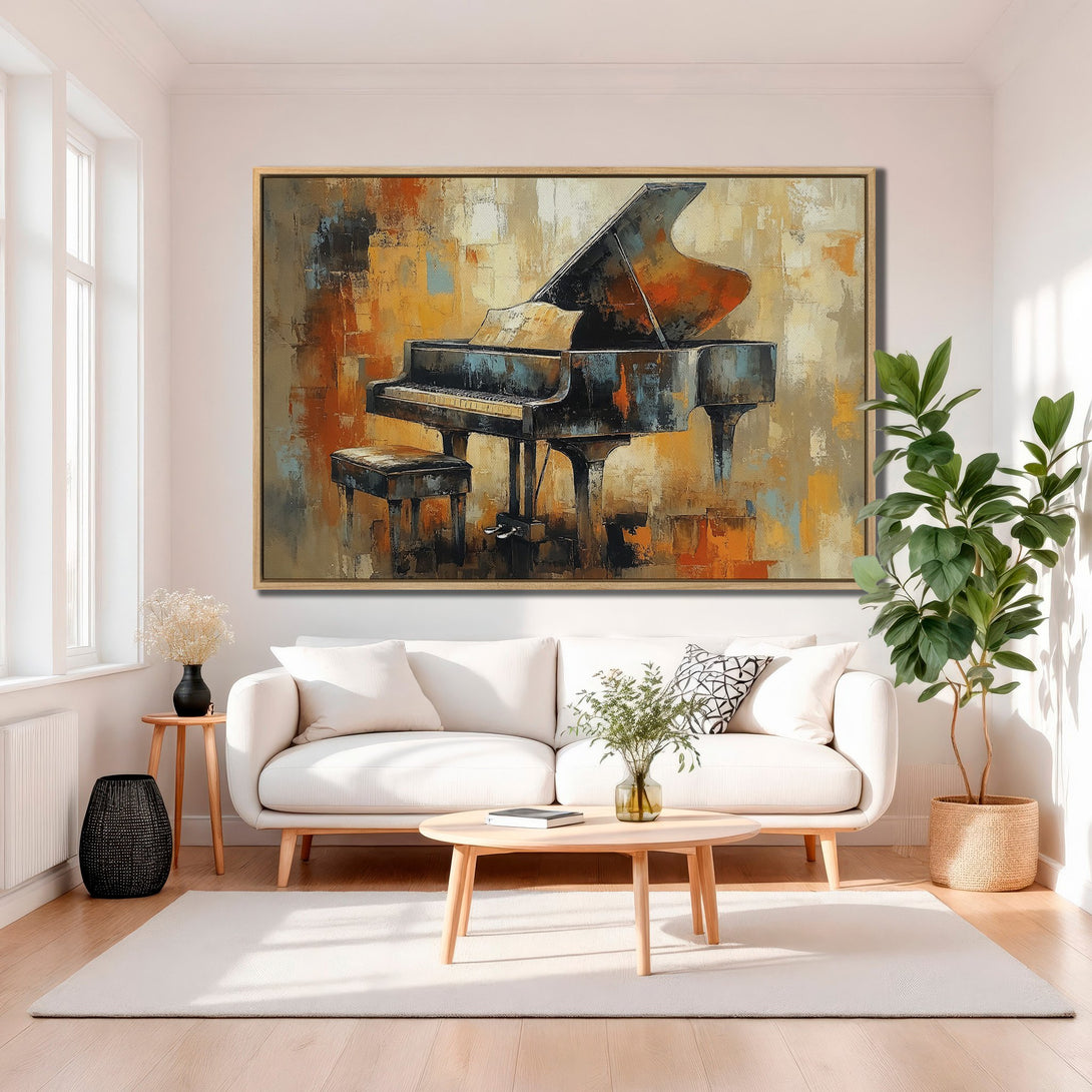 Framed Wall Art: Abstract piano painting in warm orange, brown, and blue tones. Modern art canvas print for living room decor.