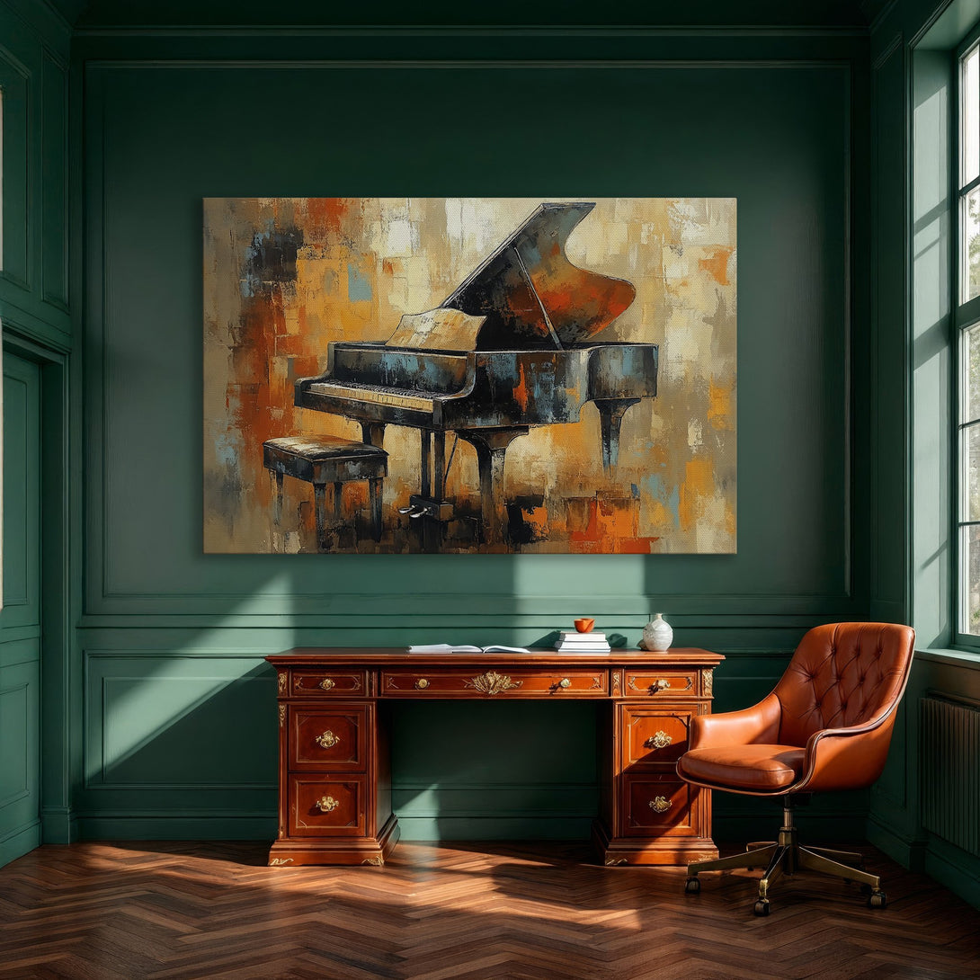 Framed Wall Art: Abstract piano painting in warm orange and blue tones. Modern art canvas print adds elegance to any interior.
