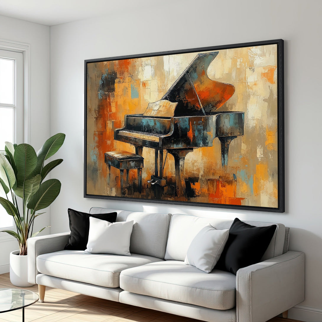 Framed Wall Art: Abstract piano painting with orange, blue, and beige tones. Stylish decor for living room. Enhance your space with this canvas print.