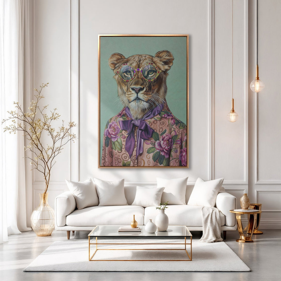 Framed Wall Art: Lion in glasses & floral shirt. Modern, whimsical art in pink, purple, and gold tones. Perfect for living room decor.