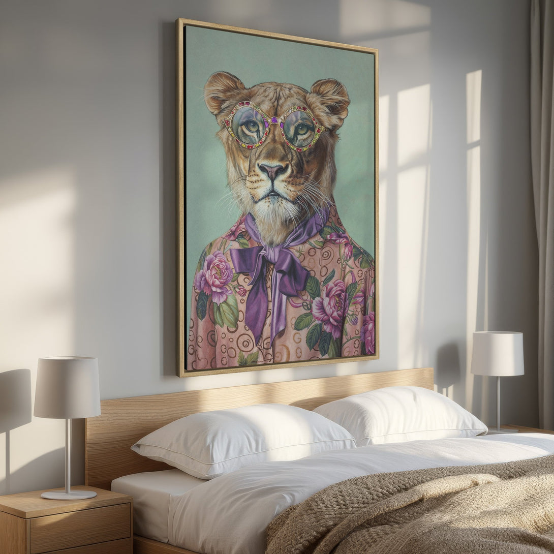 Framed Wall Art: Lioness portrait wearing glasses and floral shirt. Whimsical art with a pink, purple, and green color palette. Perfect for bedroom decor.