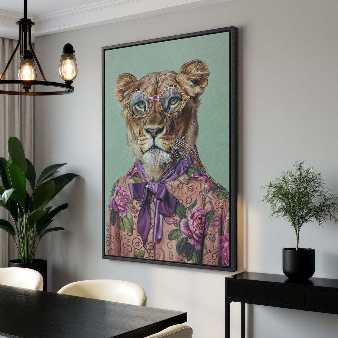 Framed Wall Art: Stylish lion portrait with floral shirt & jewel-toned glasses. Adds a pop of color with a pink, purple, and green palette to any interior.
