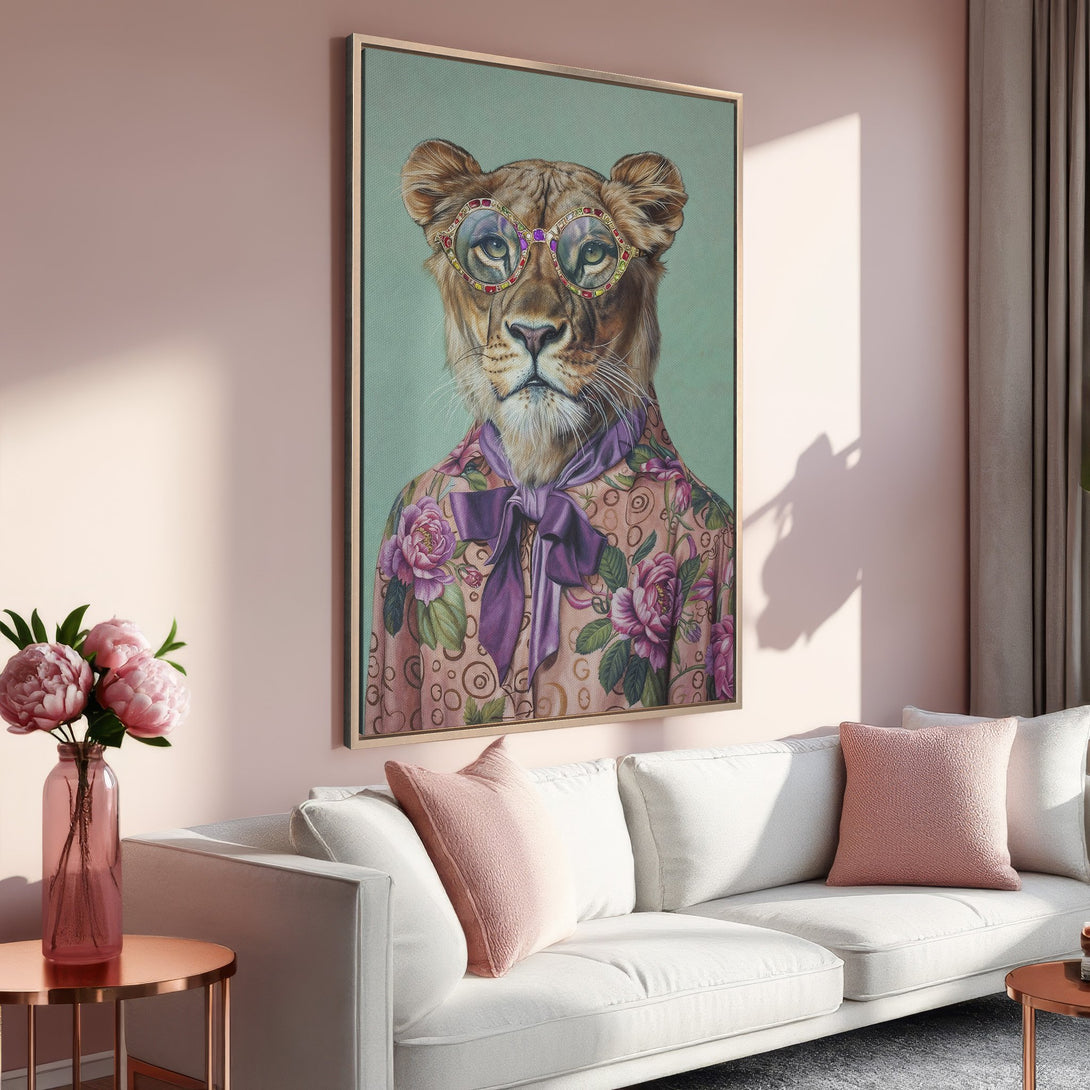 Framed Wall Art featuring a stylish lioness wearing glasses, in a whimsical, modern style. Soft pink and green color palette, perfect for home decor.