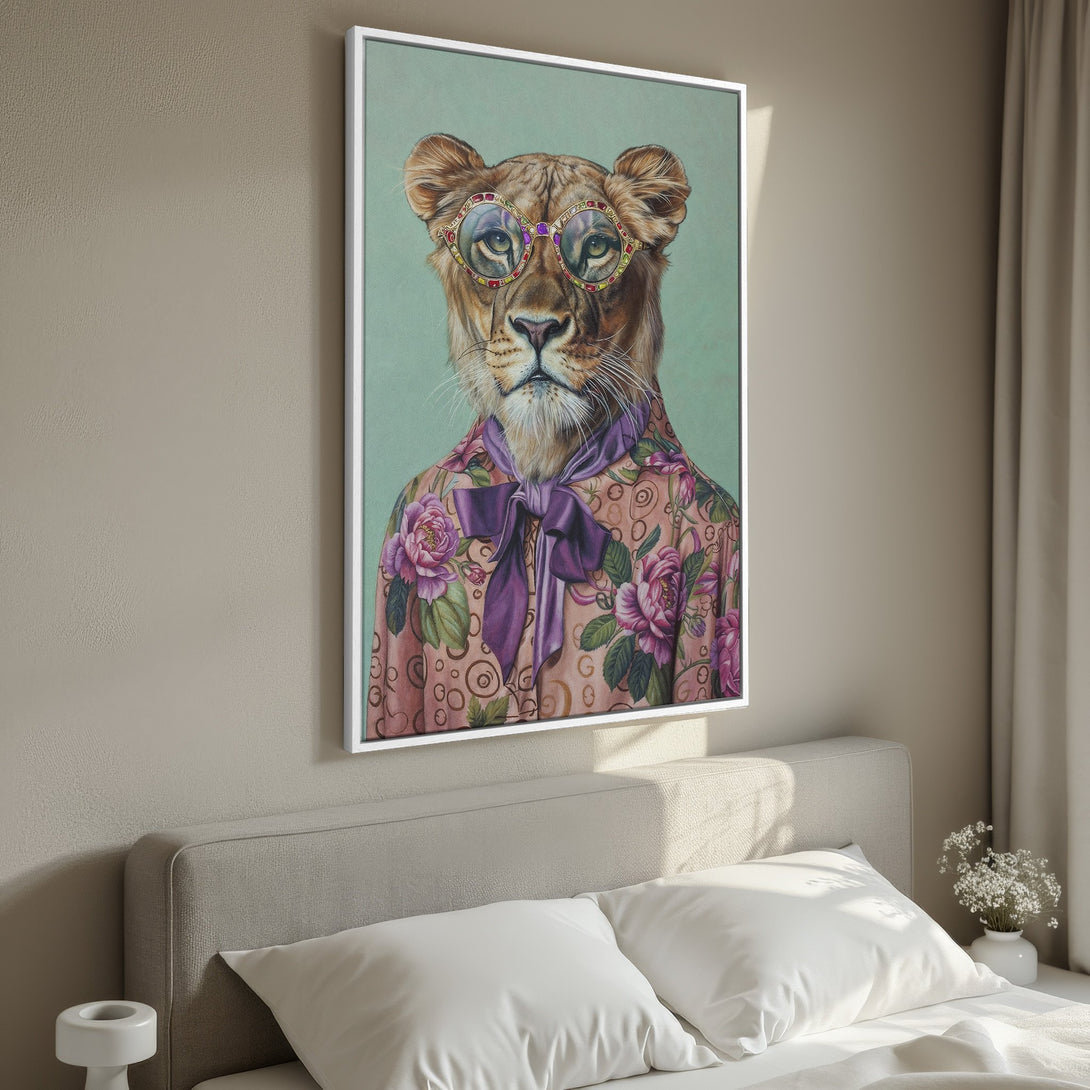 Framed Wall Art: Stylish lion portrait with sunglasses, wearing a floral shirt. Pastel color palette. Perfect for adding a touch of whimsy to your home decor.