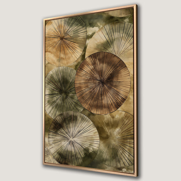 Framed Wall Art featuring abstract geometric circles in earthy tones. Modern canvas print with a warm, neutral color palette perfect for any interior.