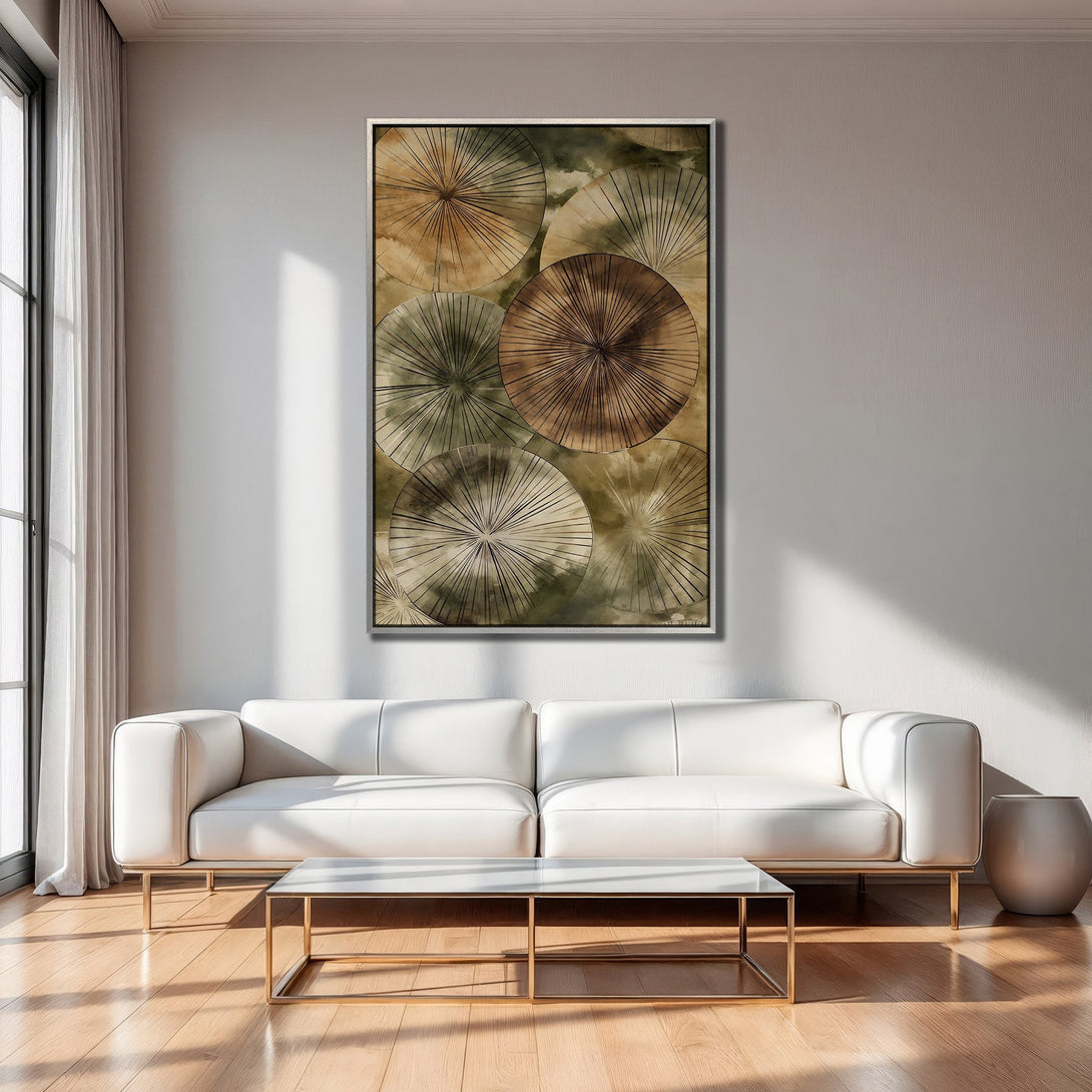 Framed Wall Art: Abstract watercolor circles in earthy tones. Modern art piece adds a touch of elegance to any living room. Shop now!