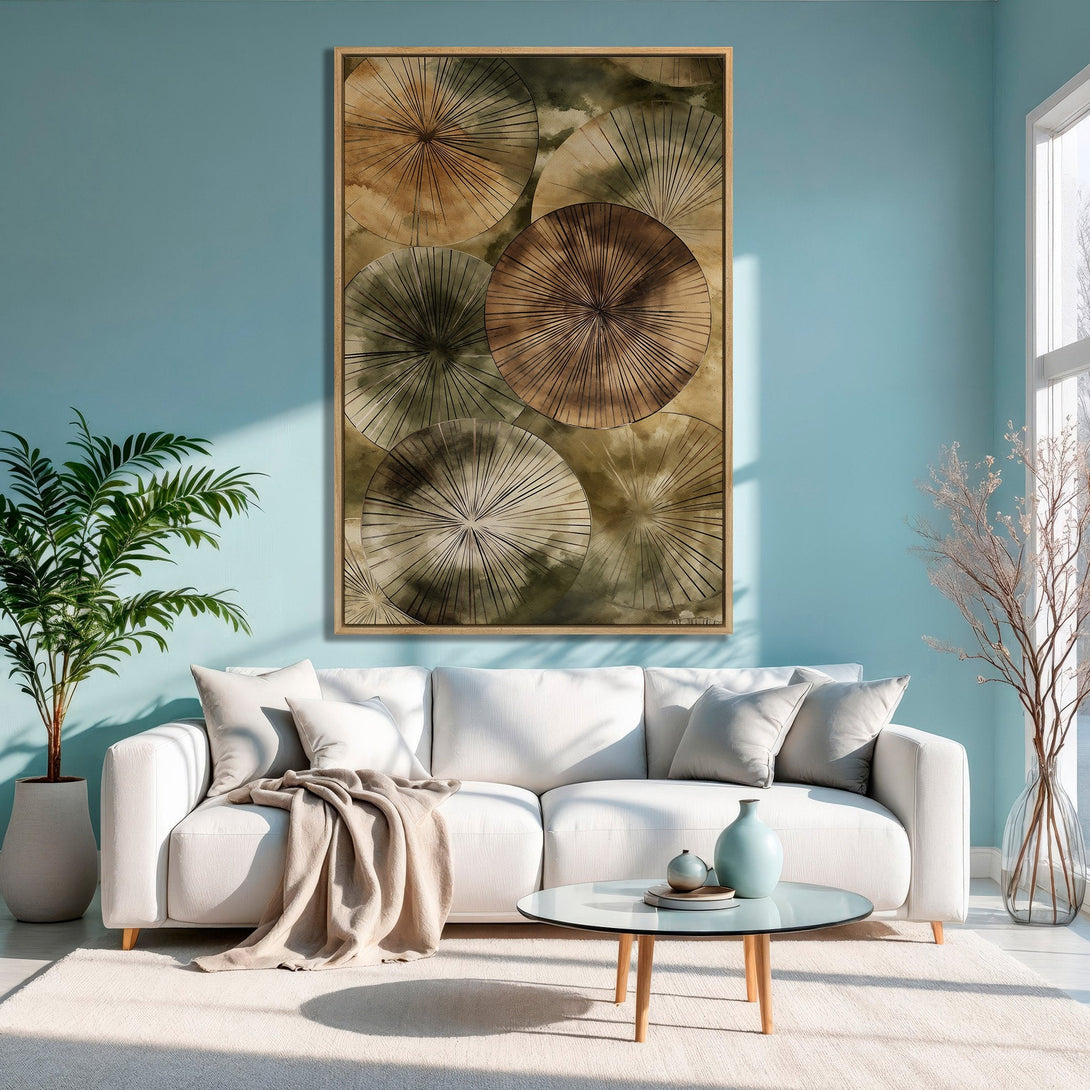 Framed Wall Art: Abstract circular design in warm brown and neutral tones. Modern art decor for living room, adds a touch of elegance and style.