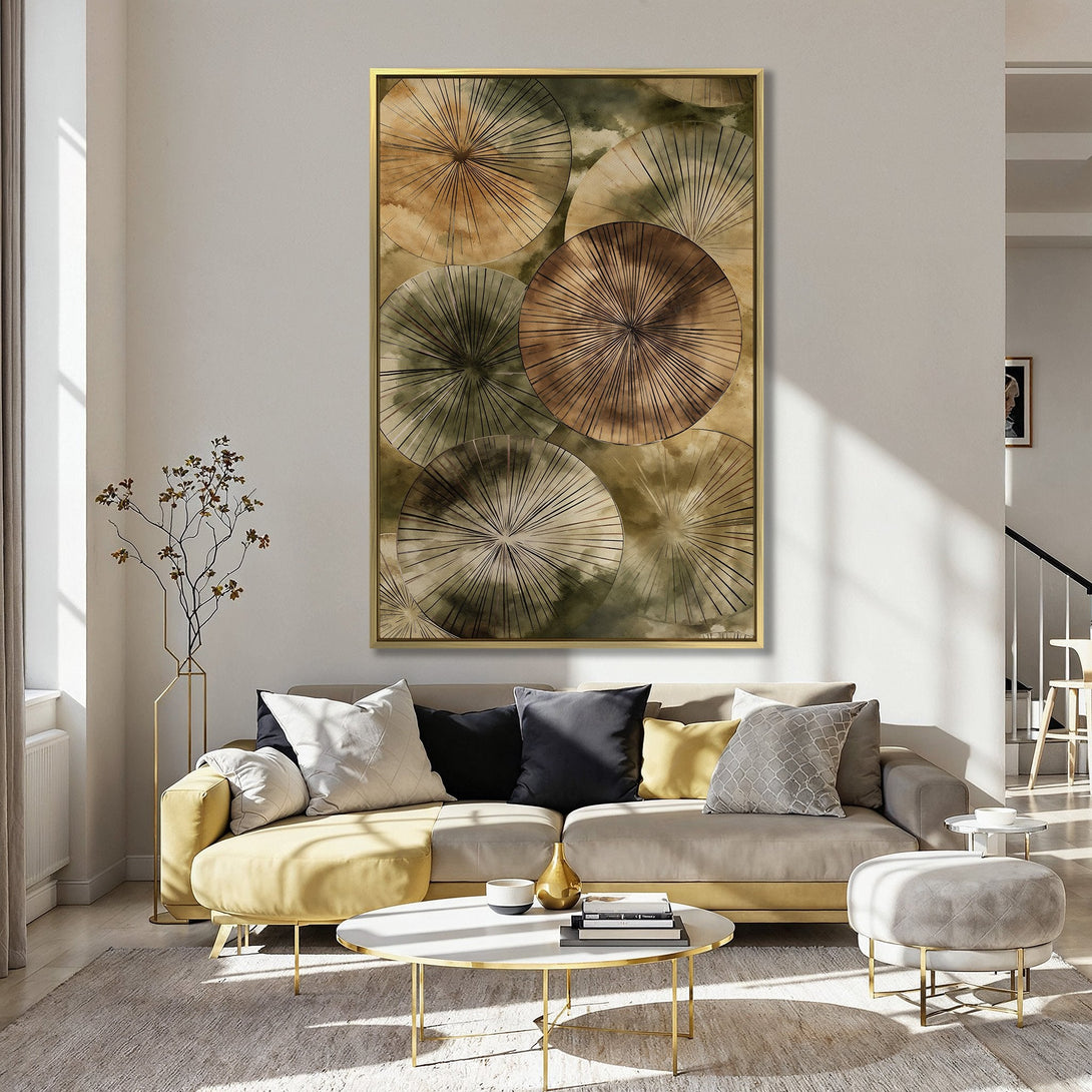 Canvas Print featuring abstract geometric art in warm earth tones, displayed in a stylish kitchen. Perfect wall art for a modern decor.