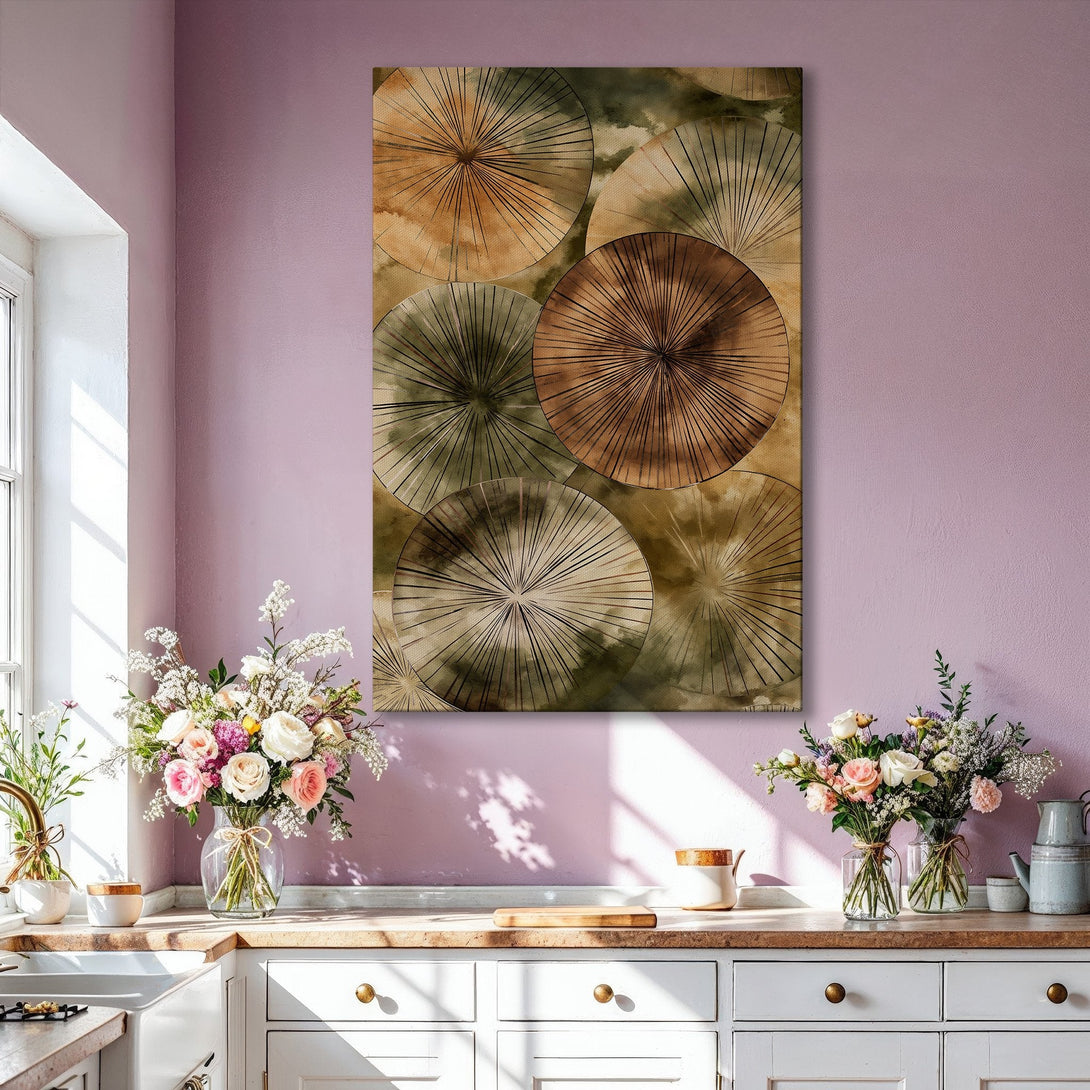 Framed Wall Art: Abstract art canvas print in warm earth tones. Modern home decor featuring a stylish interior with a sofa and coffee table.