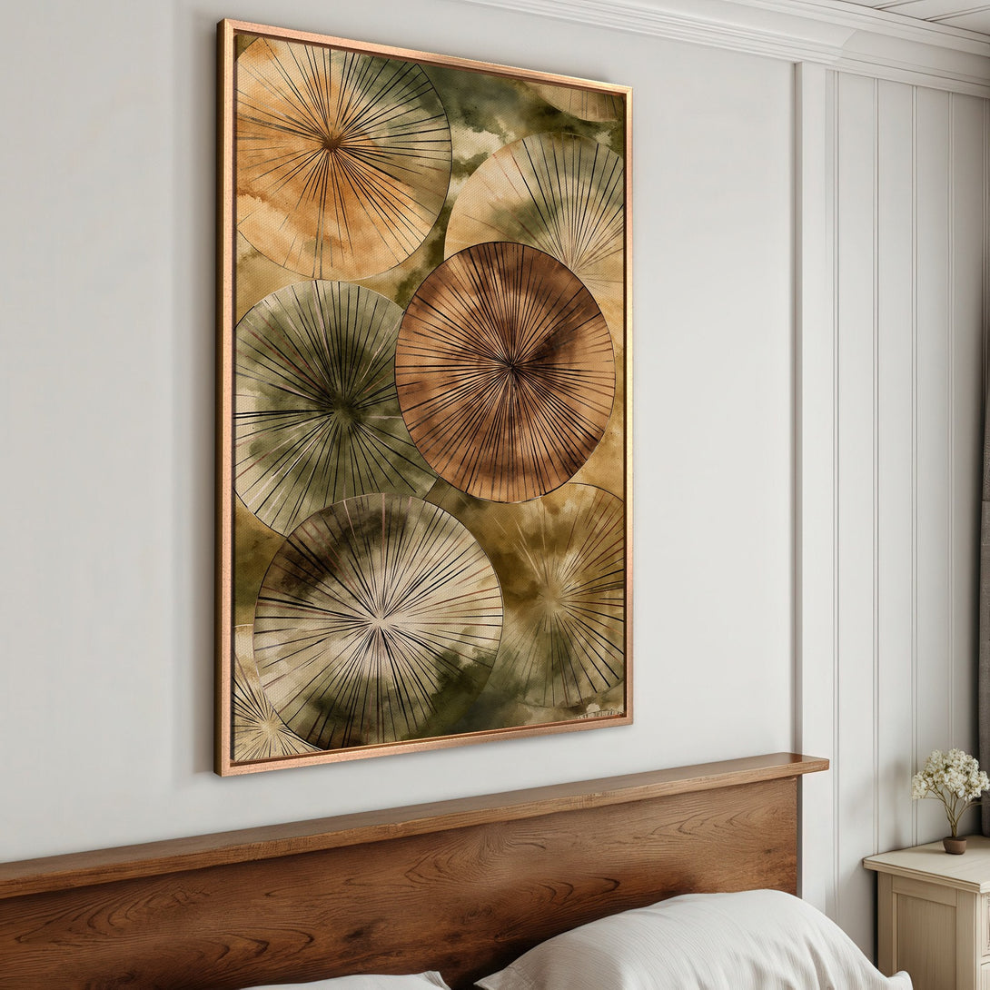 Framed Wall Art featuring abstract design in earthy tones. Modern art canvas print with warm brown, green, and gold color palette, perfect for bedroom decor.