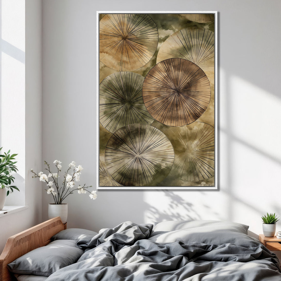 Framed Wall Art featuring abstract circles in earthy tones. Modern art canvas print perfect for adding a touch of elegance to any bedroom decor.