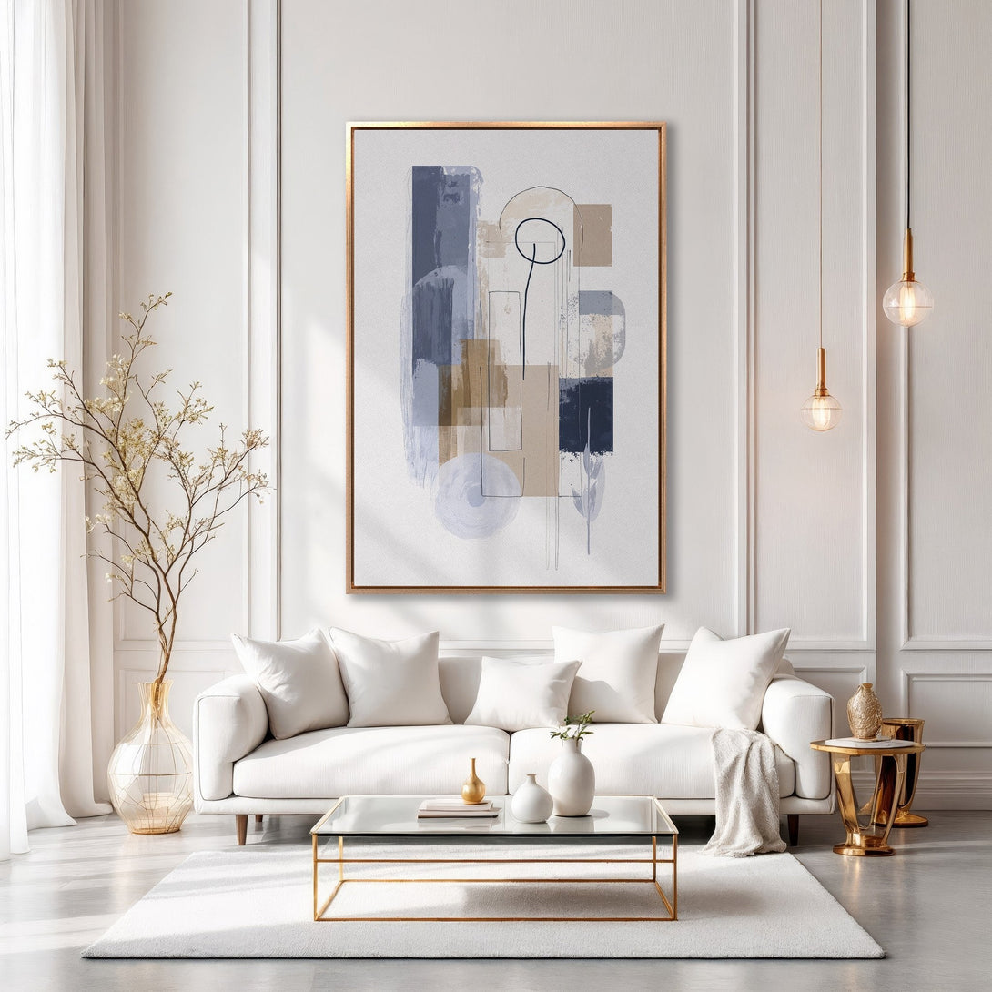 Framed Wall Art: Modern abstract art in blue, beige, and gray tones. Stylish canvas print adds elegance to any living room interior. Shop now!