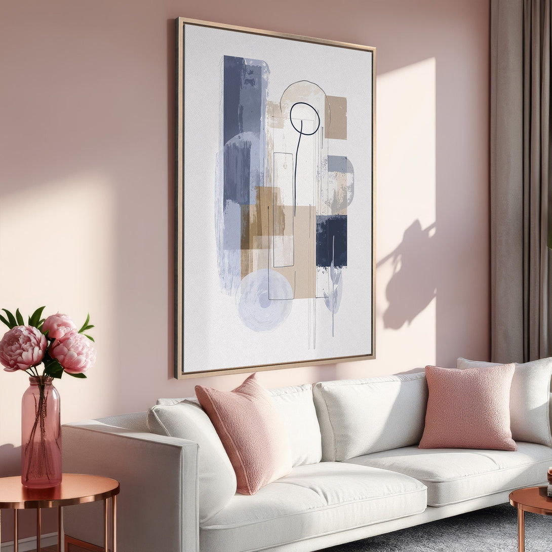 Framed Wall Art featuring abstract art in a modern style with blue, beige, and white tones. Perfect for living room decor.