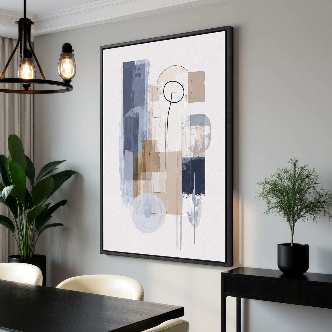 Framed Wall Art: Abstract art print in blue, beige, and neutral tones. Modern canvas art perfect for living room or dining room decor.