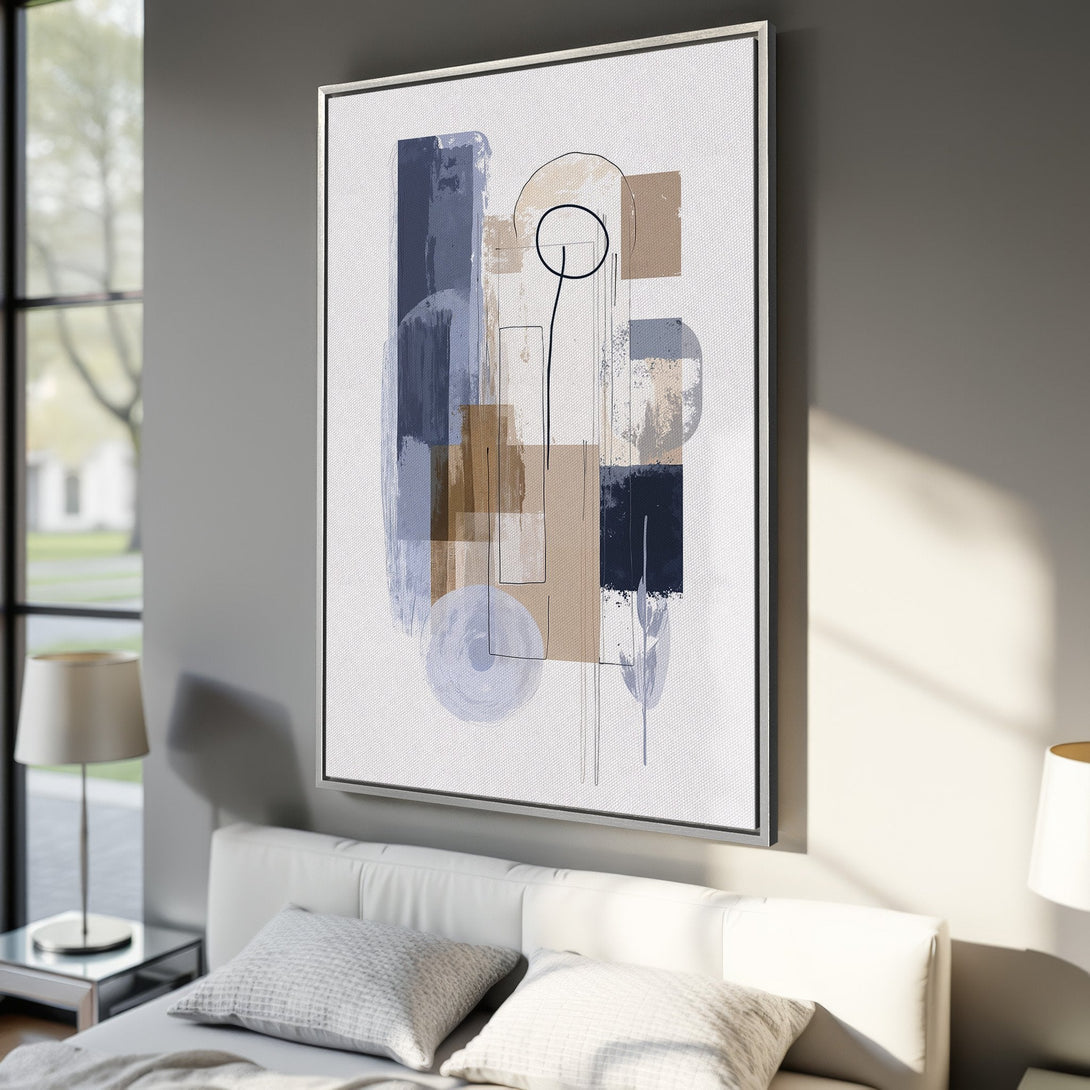 Framed Wall Art: Abstract art canvas print in blue and beige tones. Modern art for home decor. Enhance your living room with this stylish artwork.