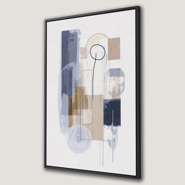 Framed Wall Art: Abstract art Canvas Print in neutral tones with blue & beige accents. Modern wall decor for living room or bedroom.