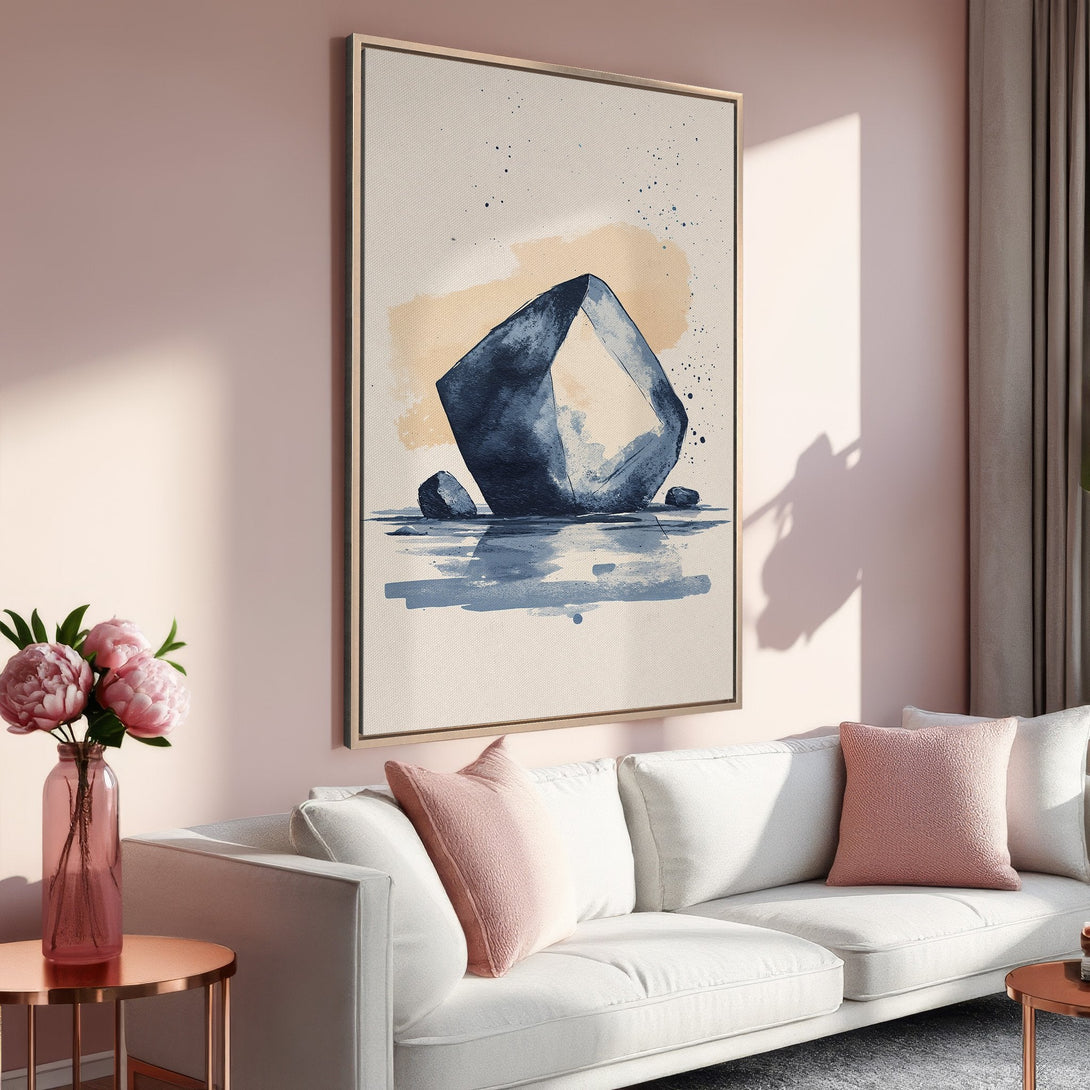 Framed Wall Art: Abstract watercolor print in blue & beige tones. Modern art decor for living room, showcasing a minimalist style and a calming color palette.