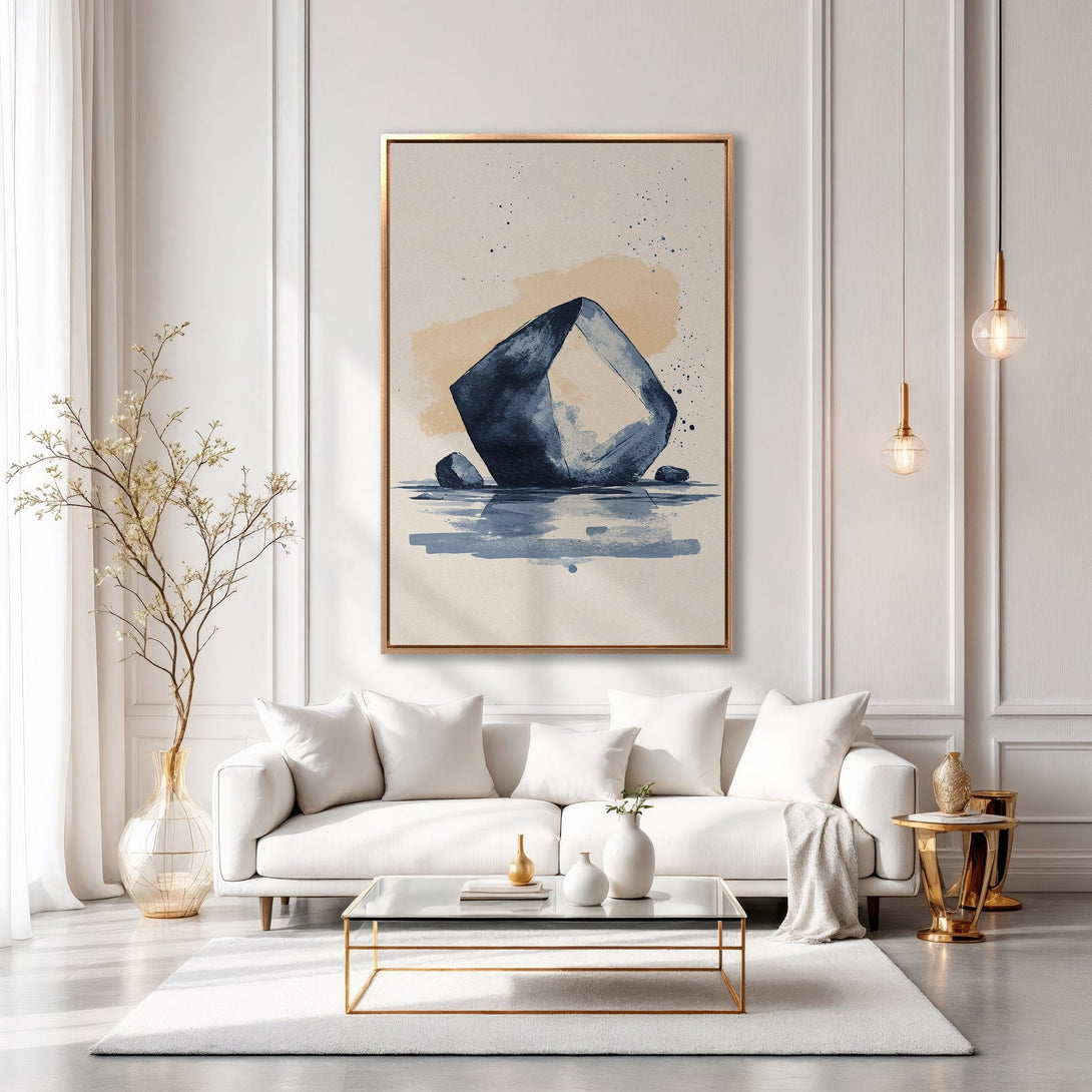 Framed Wall Art featuring an abstract watercolor design in blue and beige tones. Modern art for a stylish living room.