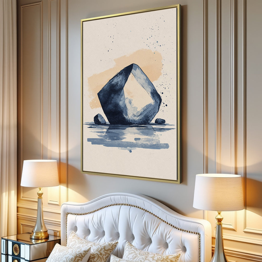 Canvas Print featuring a modern abstract watercolor of a rock formation in blue and beige tones, perfect wall art for any space.