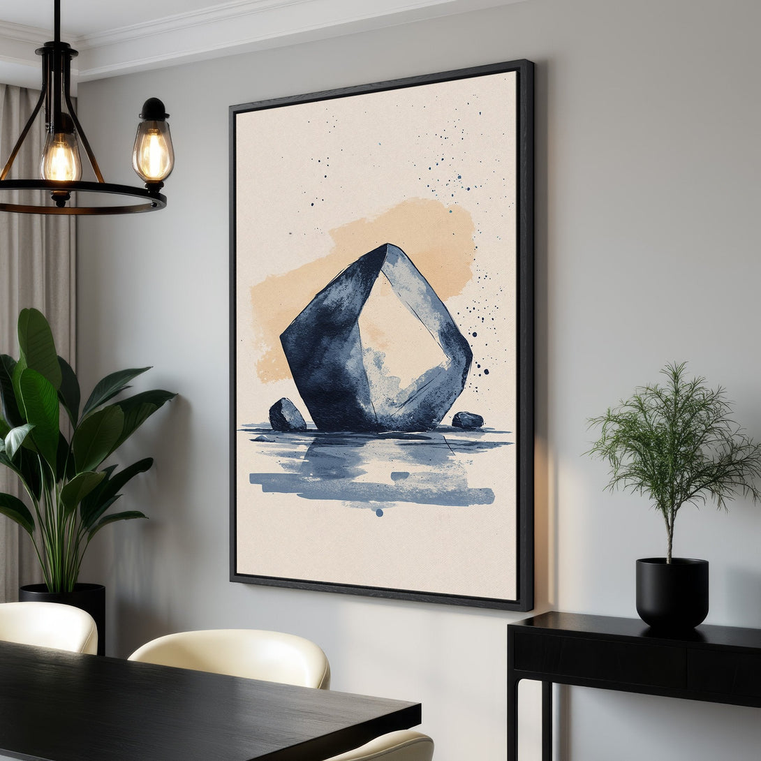 Framed Wall Art: Abstract blue geometric art print. Modern art canvas with neutral beige and blue color palette, perfect for minimalist decor.