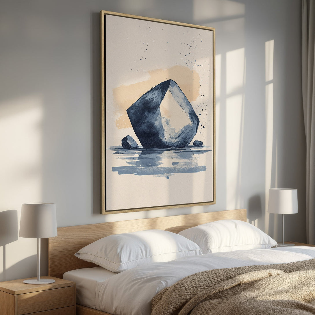 Framed Wall Art featuring an abstract watercolor design in blue and beige tones, displayed in a bedroom setting. Elevate your space with this stylish artwork!