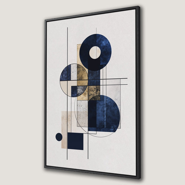Framed Wall Art: Abstract geometric art print with navy blue, gold, and beige tones. Modern design for stylish home decor.