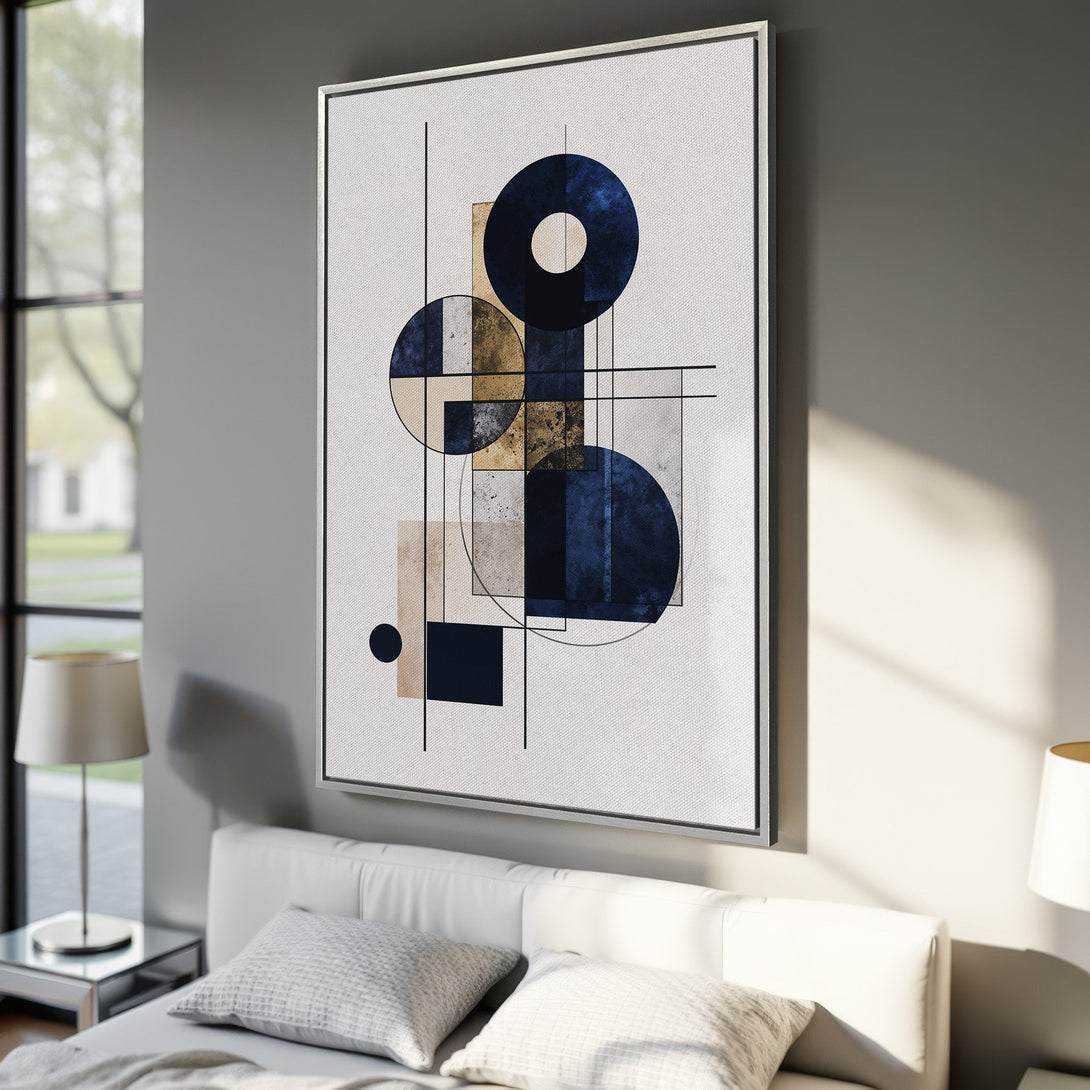 Framed Wall Art featuring abstract geometric design in navy blue, gold, and beige. Modern art canvas print perfect for any interior.