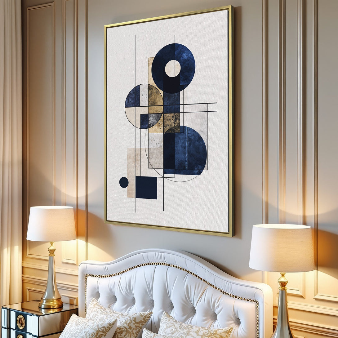 Canvas Print featuring abstract geometric art in navy blue, beige, and gold tones. Modern wall art for living room decor.