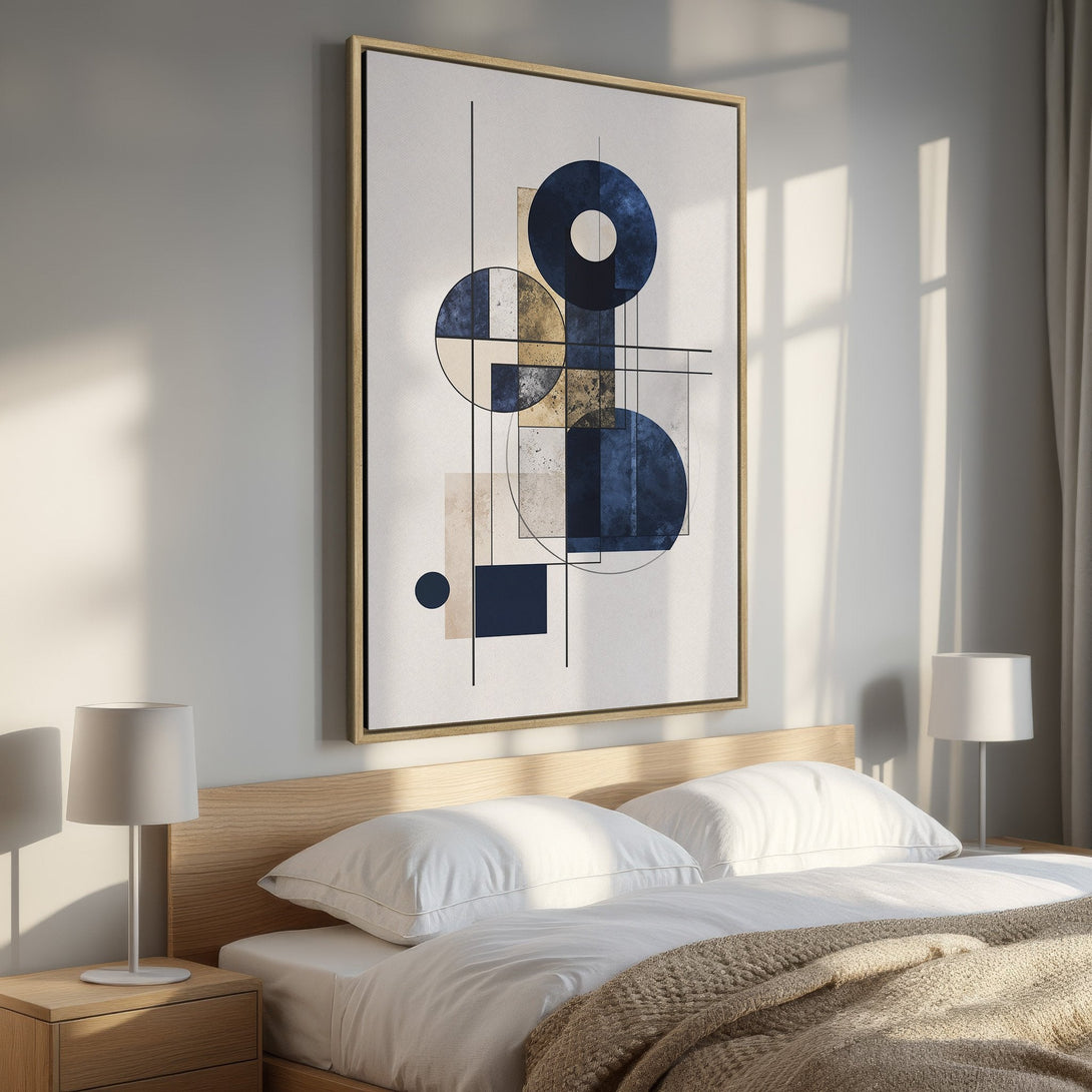 Framed Wall Art featuring abstract geometric design in blue, gold, and neutral tones. Modern art perfect for bedroom decor.