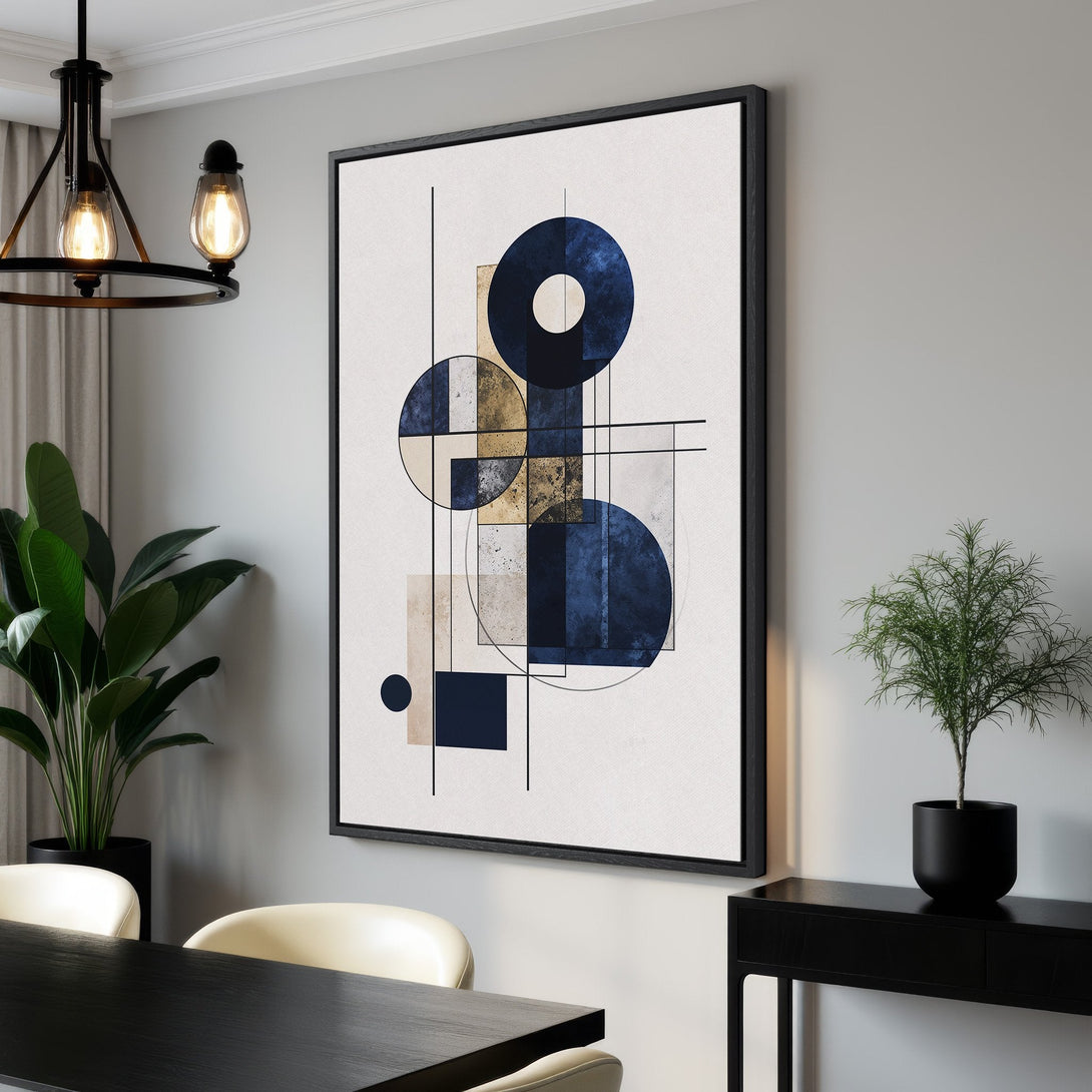 Framed Wall Art featuring an abstract geometric design in navy, beige, and gold. Modern art canvas print perfect for any interior.