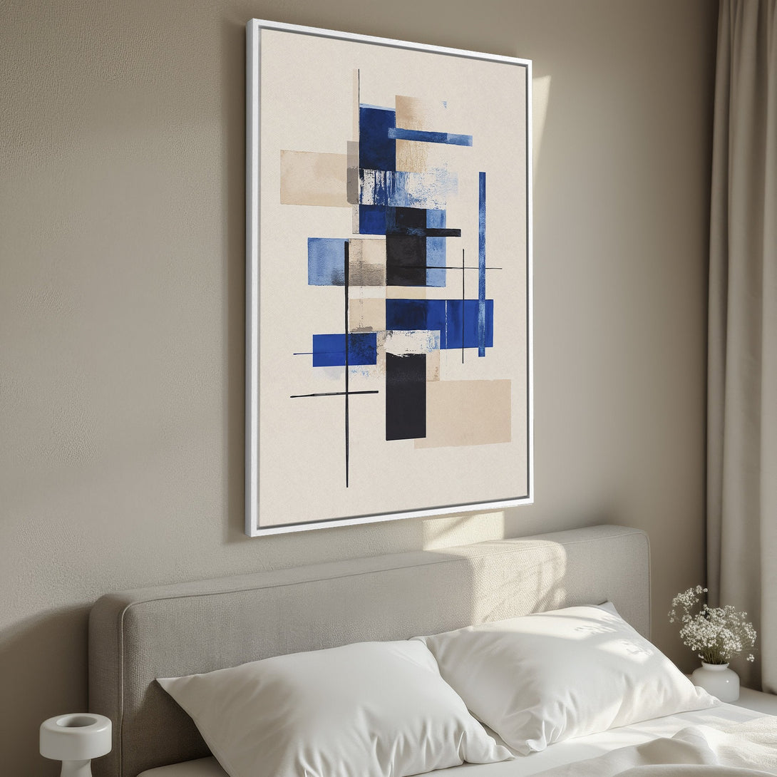 Framed Wall Art: Abstract geometric canvas print in blue, black, and beige. Modern art for bedroom decor. Enhance your space with stylish wall art.