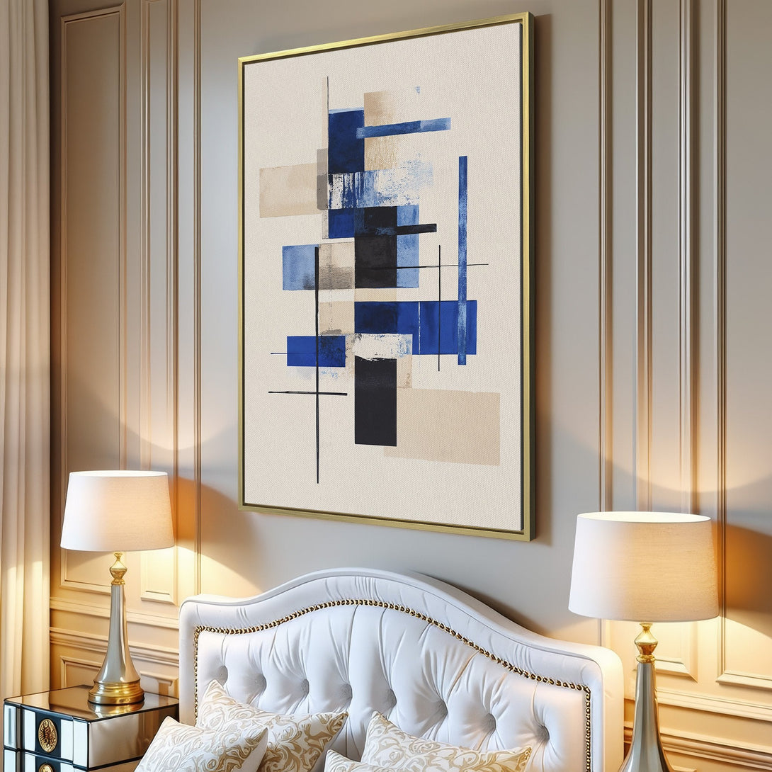 Canvas Print of abstract geometric art in blue, beige, and black. Modern wall art for a stylish interior.