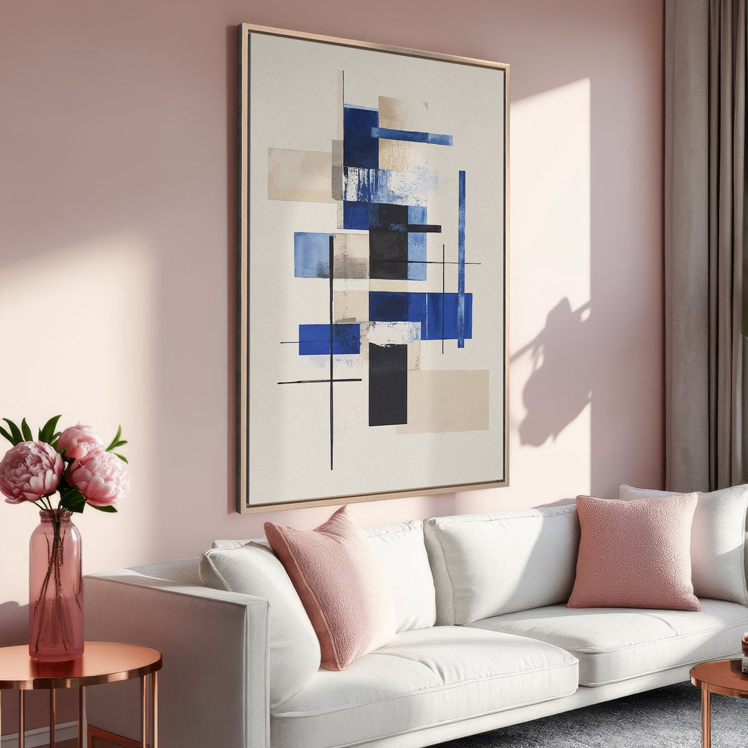 Framed Wall Art: Modern abstract art in blue, black, and beige. Adds a stylish pop of color to any living room. Shop our canvas print collection today!