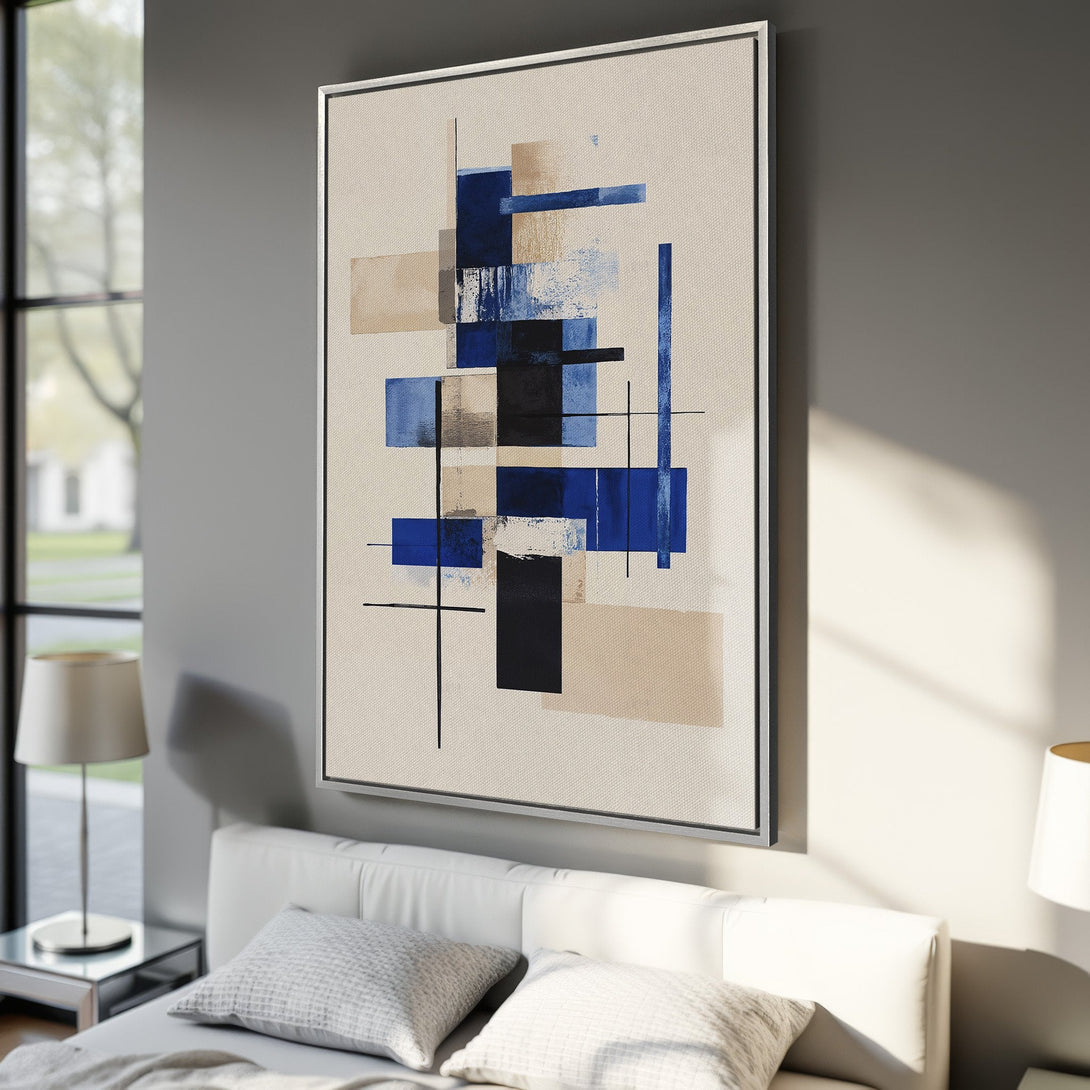Framed Wall Art: Modern abstract art in blue, black, and beige. Canvas print adds a contemporary touch to any interior. Shop now for stylish wall decor!